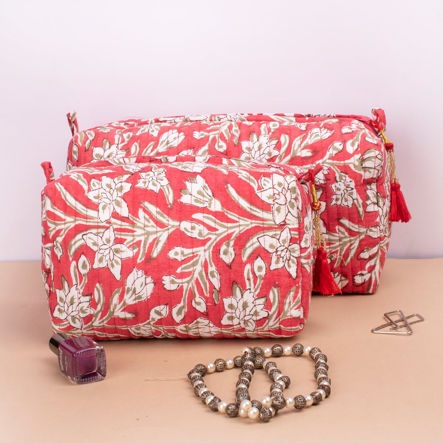 Block Print Cosmetic Bag, Washable Makeup Bag, Cosmetic Case, Mini Makeup Organizer, Quilted Wash Bag, Printed Quilted Toiletry Bag - Set of 3