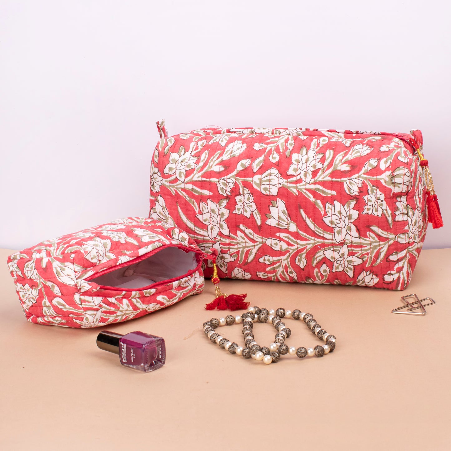 Block Print Cosmetic Bag, Washable Makeup Bag, Cosmetic Case, Mini Makeup Organizer, Quilted Wash Bag, Printed Quilted Toiletry Bag - Set of 3