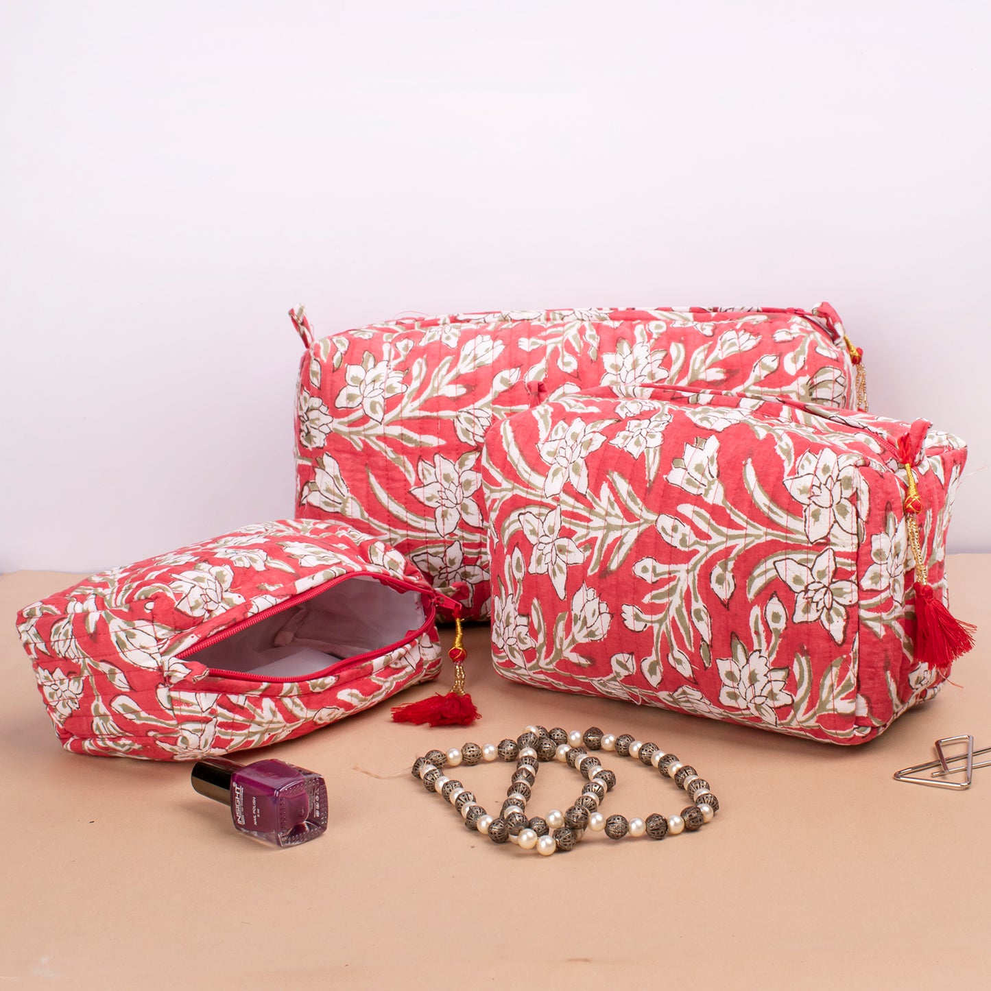 Block Print Cosmetic Bag, Washable Makeup Bag, Cosmetic Case, Mini Makeup Organizer, Quilted Wash Bag, Printed Quilted Toiletry Bag - Set of 3