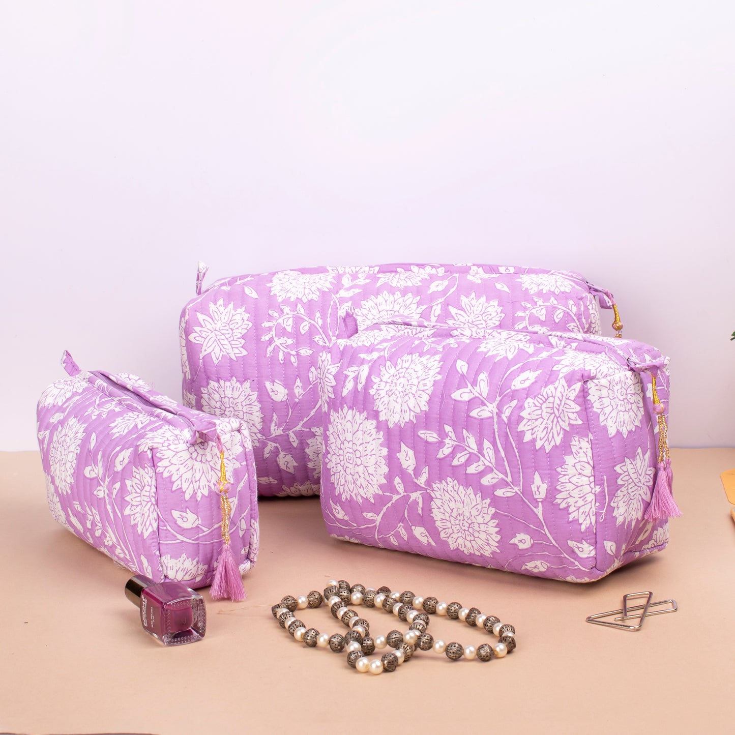 Combo of 2 - Hand Block Print Toiletry Bag, Cotton Toiletry Bag, 100% Cotton Material, Mini Makeup Organizer, Zippered Makeup Pouch, Cosmetic Case