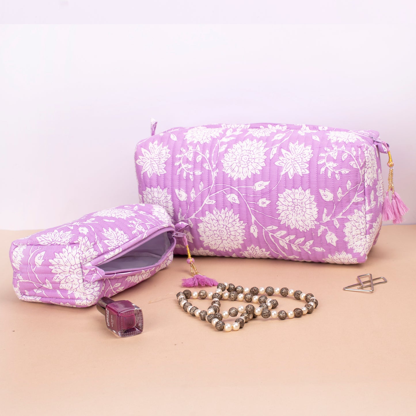 Block Print Makeup Bag Set, Toiletry Bag For Women, Travel Toiletry Bag, Large Cotton Wash Bag, Cosmetic Case, Zippered Makeup Pouch - Set of 3