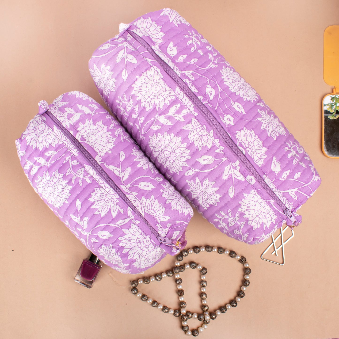 Block Print Makeup Bag Set, Toiletry Bag For Women, Travel Toiletry Bag, Large Cotton Wash Bag, Cosmetic Case, Zippered Makeup Pouch - Set of 3