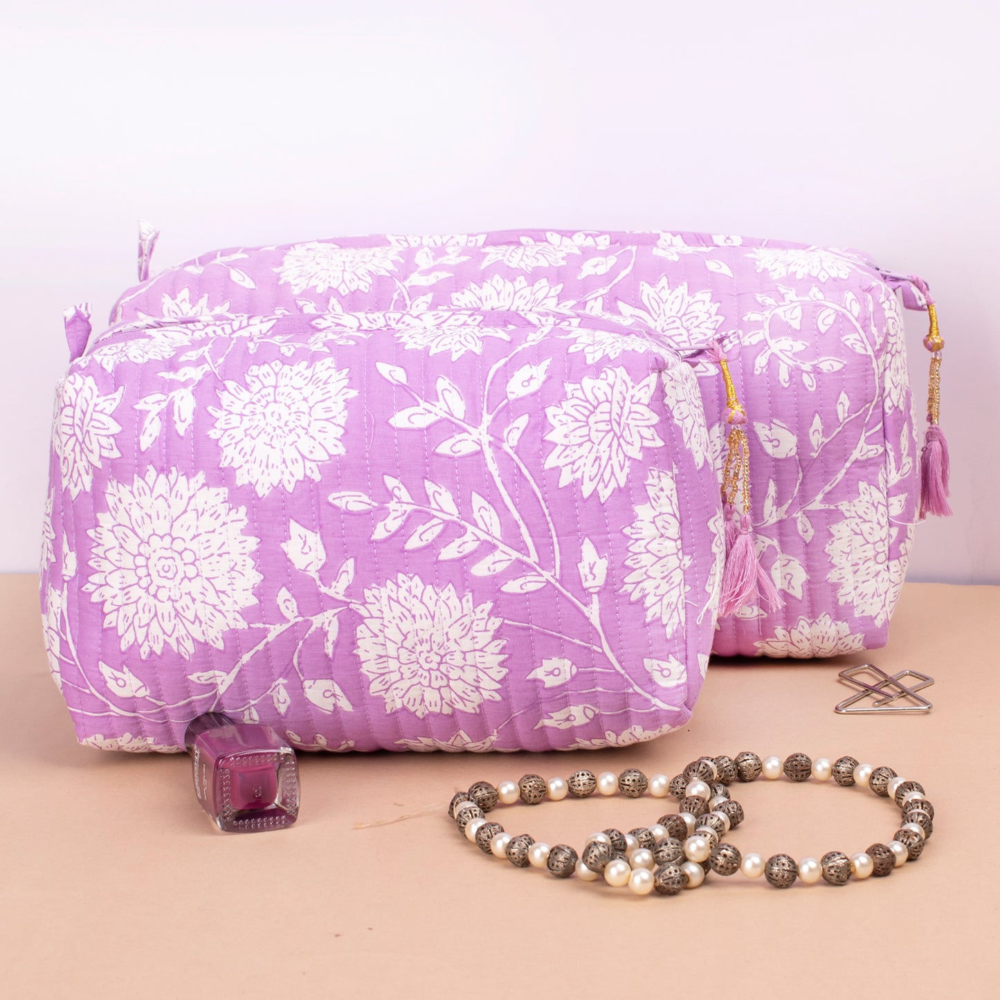 Block Print Makeup Bag Set, Toiletry Bag For Women, Travel Toiletry Bag, Large Cotton Wash Bag, Cosmetic Case, Zippered Makeup Pouch - Set of 3