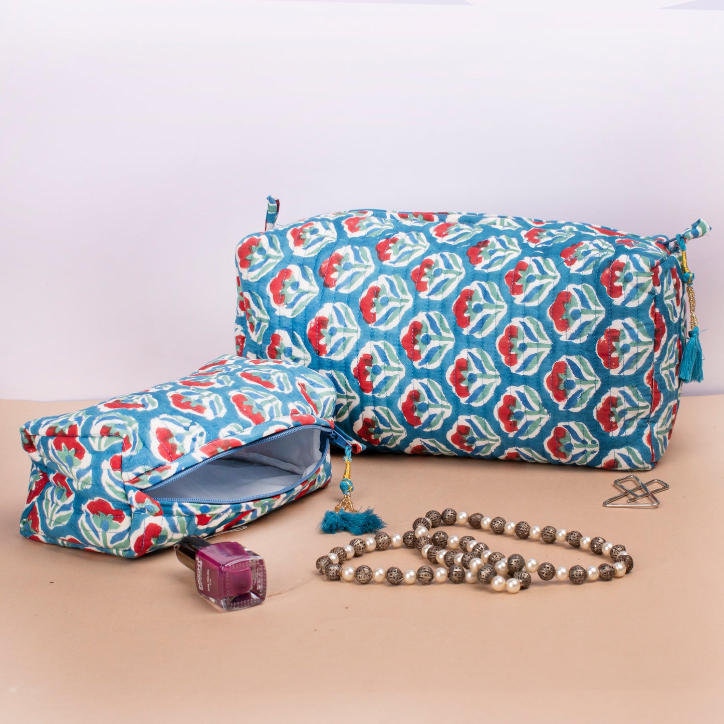 Waterproof Toiletry Pouch, Block Print Makeup Bag, Mini Makeup Bag, Bridesmaid Gift Makeup Bag, Vanity Case, Travel Makeup Pouch - Set of 3