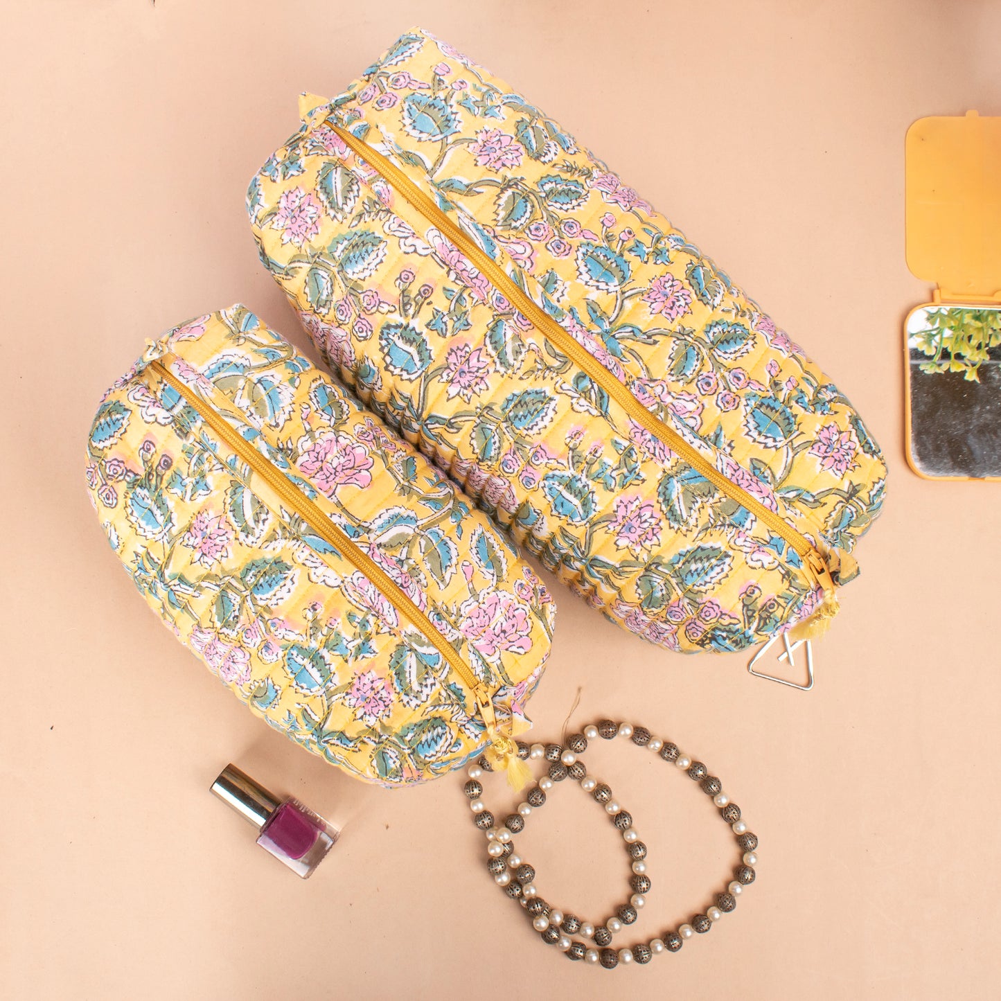 Hand Block Print Toiletry Bag, Quilted Wash Bag, Travel Bag, Quilted Cotton Large Makeup Bag, Small Makeup Bag, Vanity Bag Makeup - Set of 3