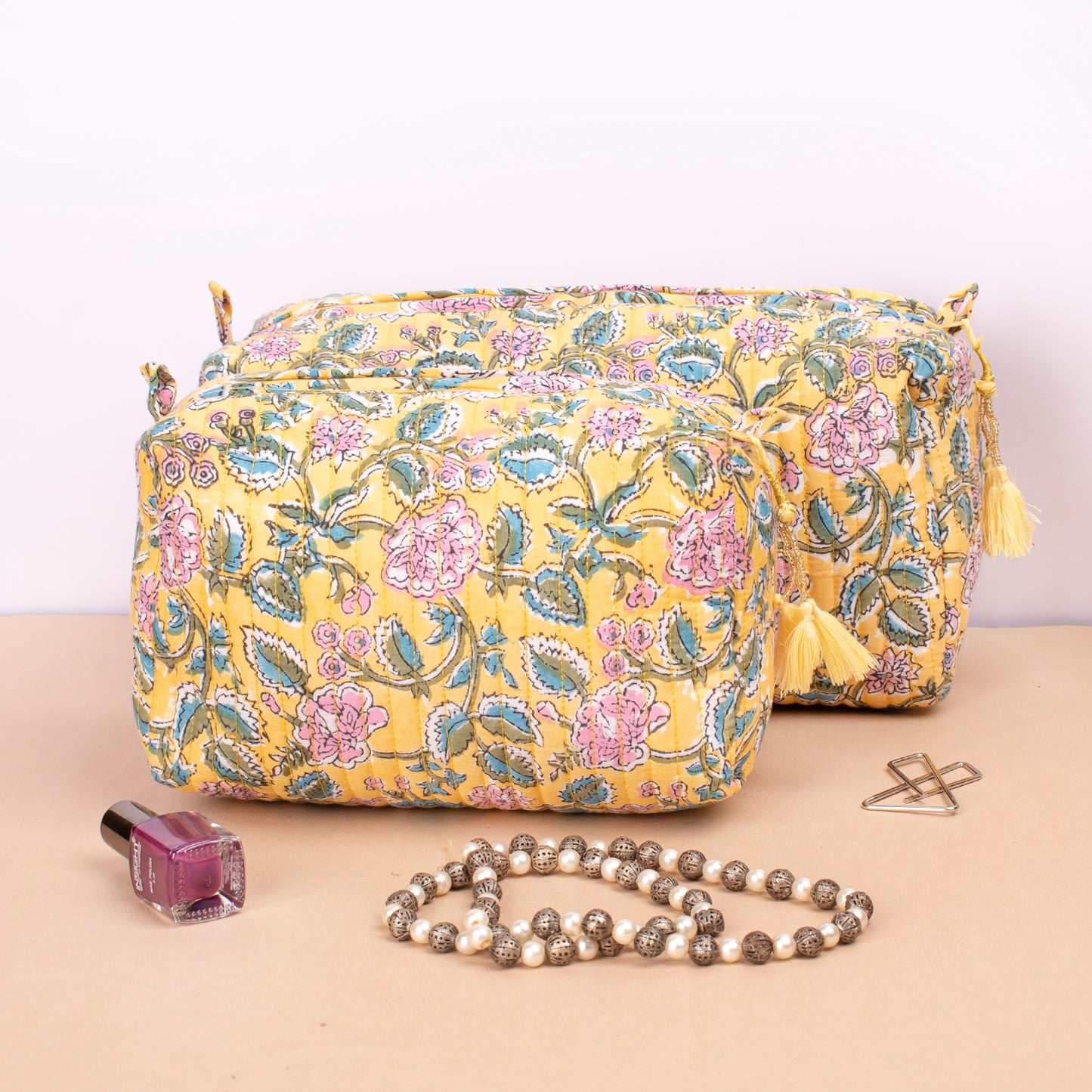 Hand Block Print Toiletry Bag, Quilted Wash Bag, Travel Bag, Quilted Cotton Large Makeup Bag, Small Makeup Bag, Vanity Bag Makeup - Set of 3