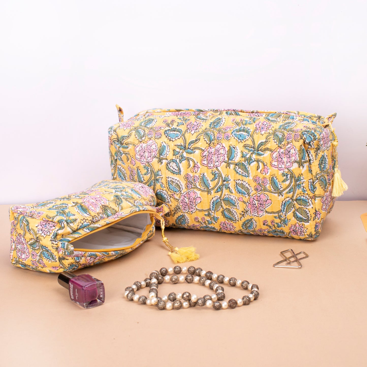 Hand Block Print Toiletry Bag, Quilted Wash Bag, Travel Bag, Quilted Cotton Large Makeup Bag, Small Makeup Bag, Vanity Bag Makeup - Set of 3