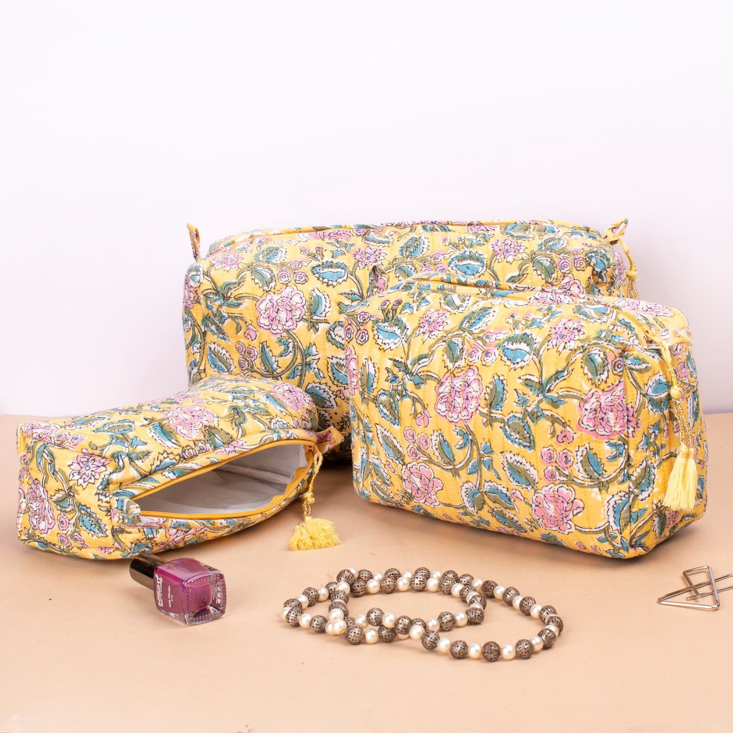 Hand Block Print Toiletry Bag, Quilted Wash Bag, Travel Bag, Quilted Cotton Large Makeup Bag, Small Makeup Bag, Vanity Bag Makeup - Set of 3