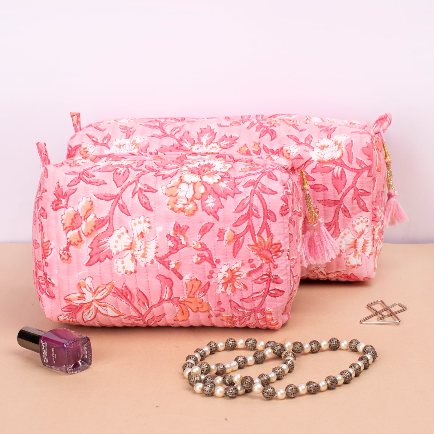 Handmade Aesthetic Pouch, Bridesmaid Gift, Makeup Travel Bag, Handmade Cotton Toiletry Bag, Block Print Makeup Bag, Quilted Wash Bag - Set of 3