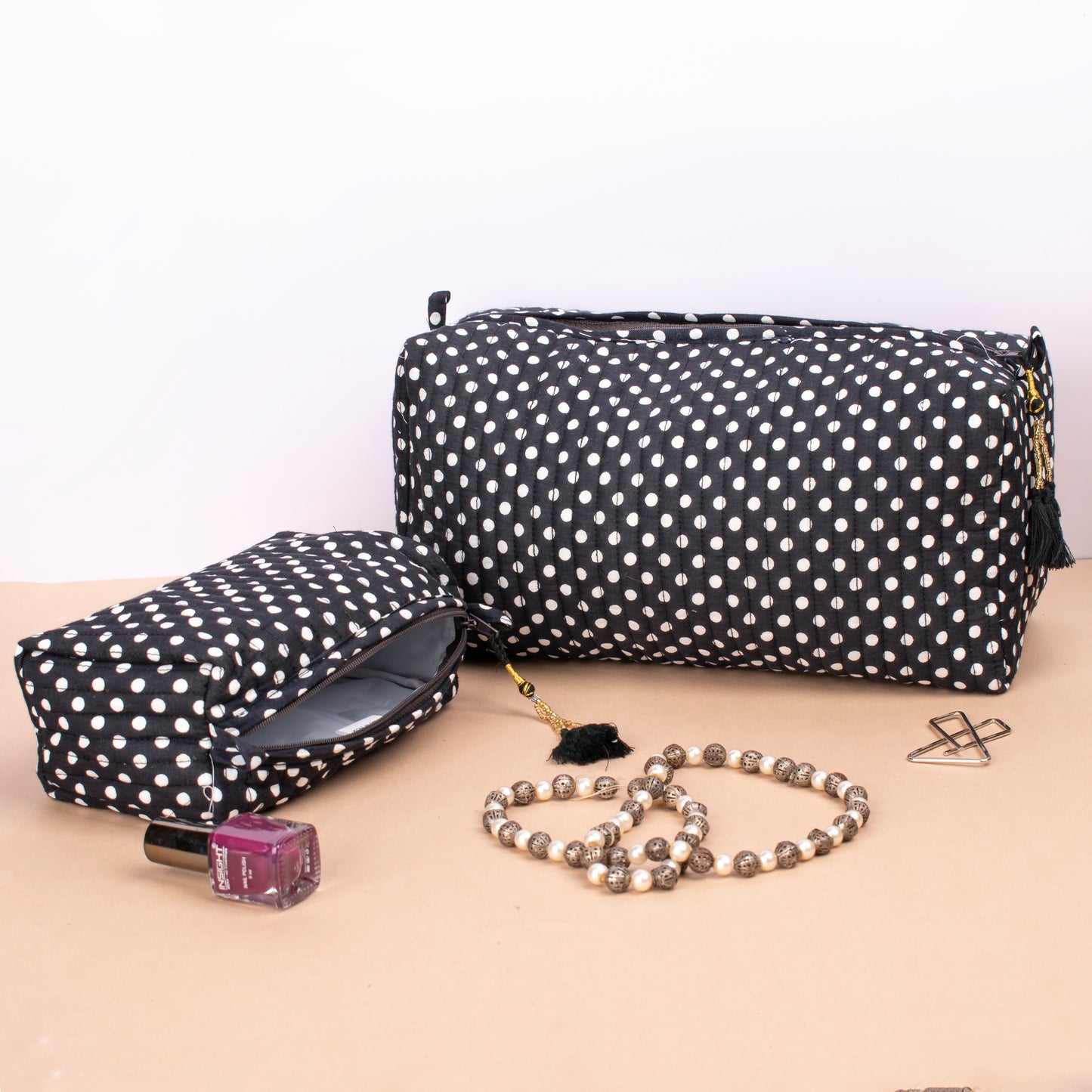 Combo of 2 - Hand Block Print Wash Bag, Block Printed Toiletry Bags, Toiletry Makeup Bags, Makeup Bag With Compartments, Travel Makeup Pouch