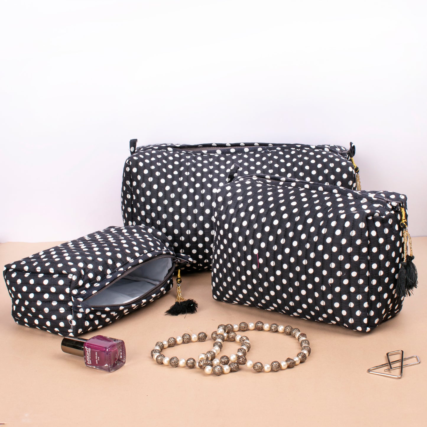 Combo of 2 - Hand Block Print Wash Bag, Block Printed Toiletry Bags, Toiletry Makeup Bags, Makeup Bag With Compartments, Travel Makeup Pouch