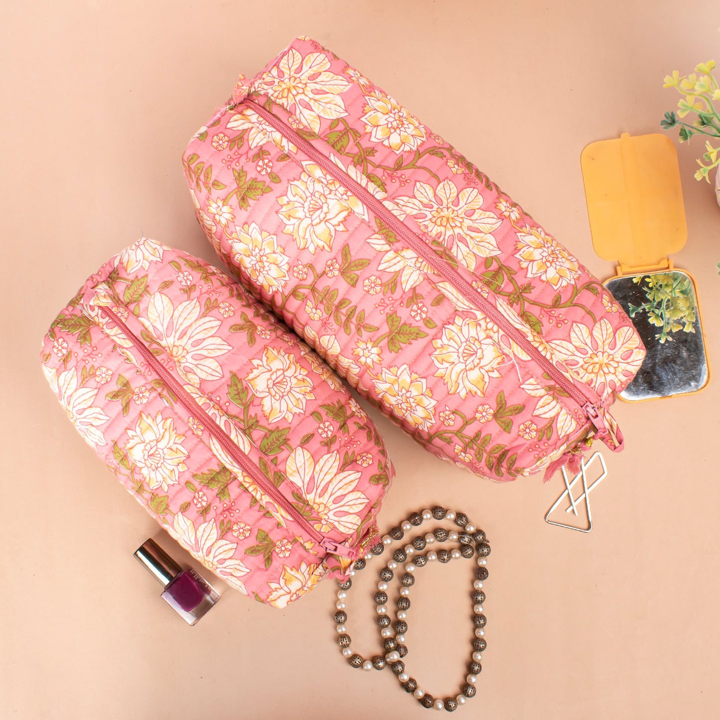 Makeup Organizer, Travel Bag, Block Print Fabric Bag, Large Cotton Wash Bag - Set of 3
