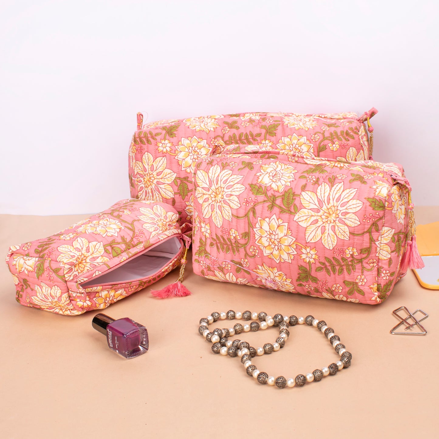 Makeup Organizer, Travel Bag, Block Print Fabric Bag, Large Cotton Wash Bag - Set of 3