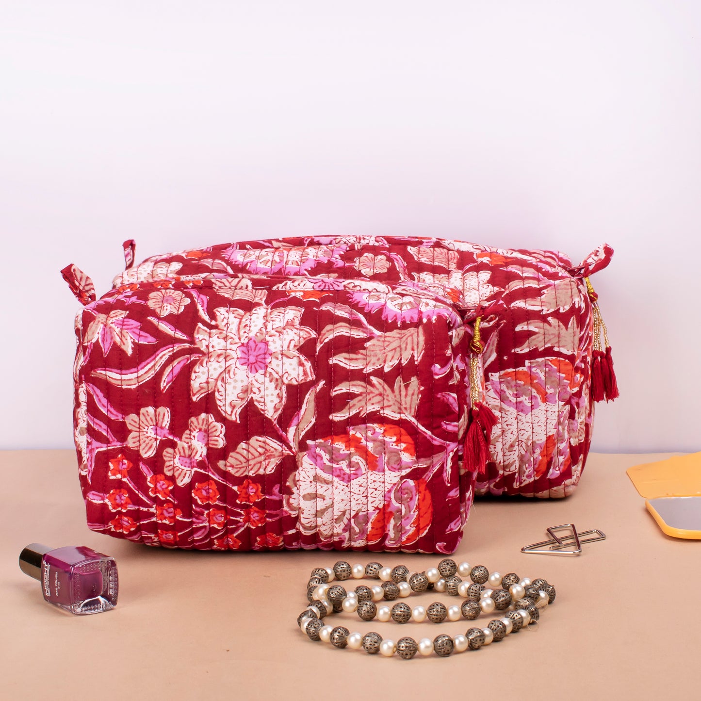 Zippered Cosmetic Pouch, Washable Makeup Bag, Quilted Wash Bag, Mini Makeup Organizer, Travel Pouch - Set of 3