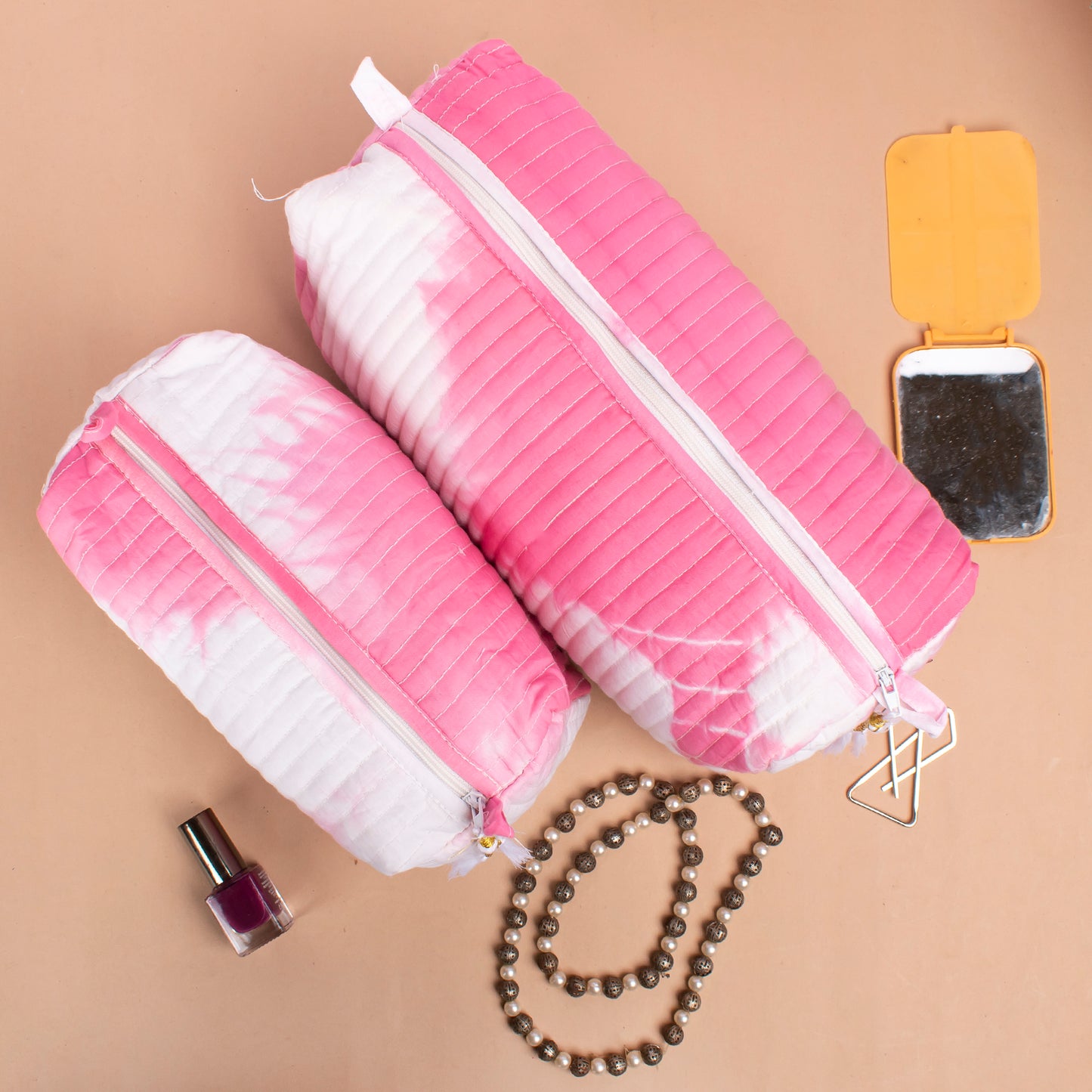 Quilted Cotton Large Makeup Bag, Travel Makeup Pouch, Zippered toiletry Pouch, Cosmetic Case - Set of 3