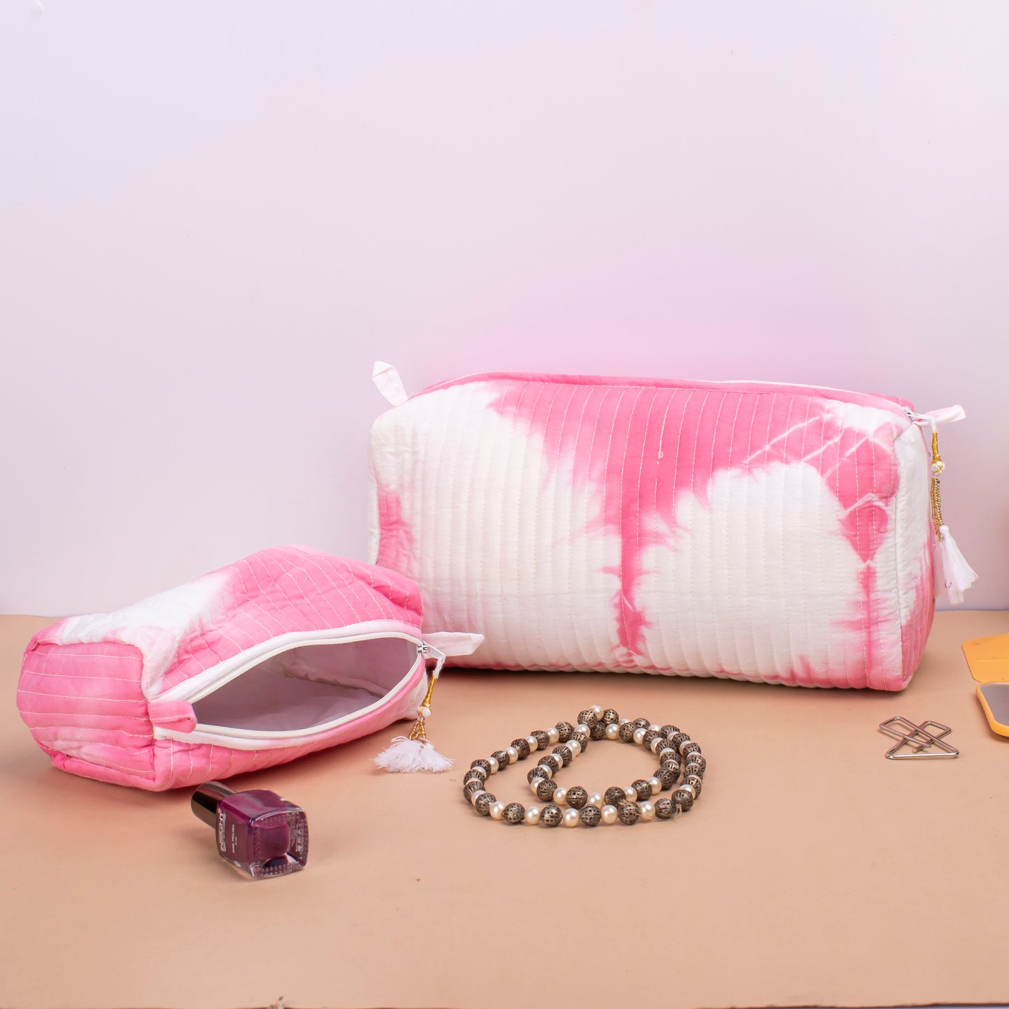 Quilted Cotton Large Makeup Bag, Travel Makeup Pouch, Zippered toiletry Pouch, Cosmetic Case - Set of 3