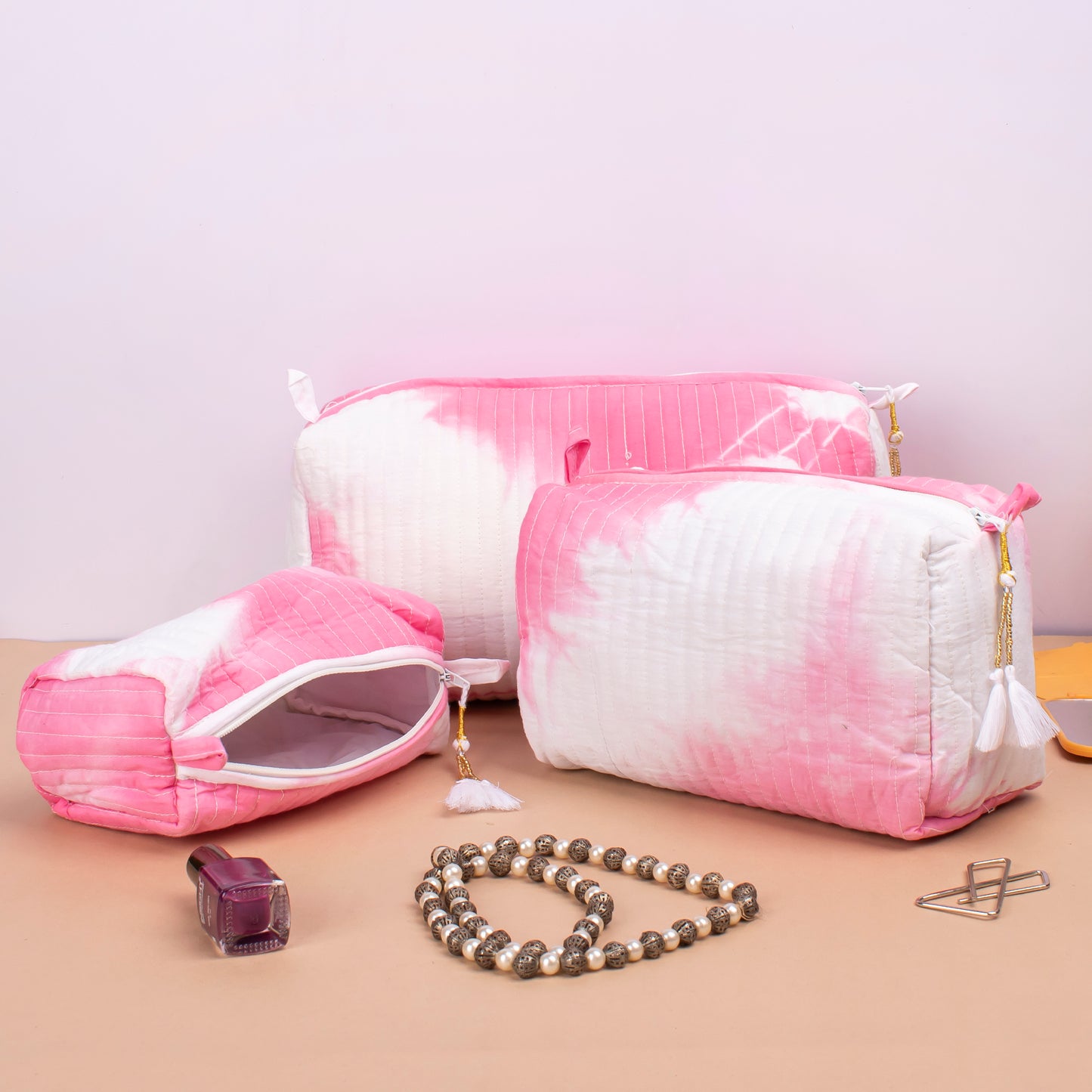 Quilted Cotton Large Makeup Bag, Travel Makeup Pouch, Zippered toiletry Pouch, Cosmetic Case - Set of 3