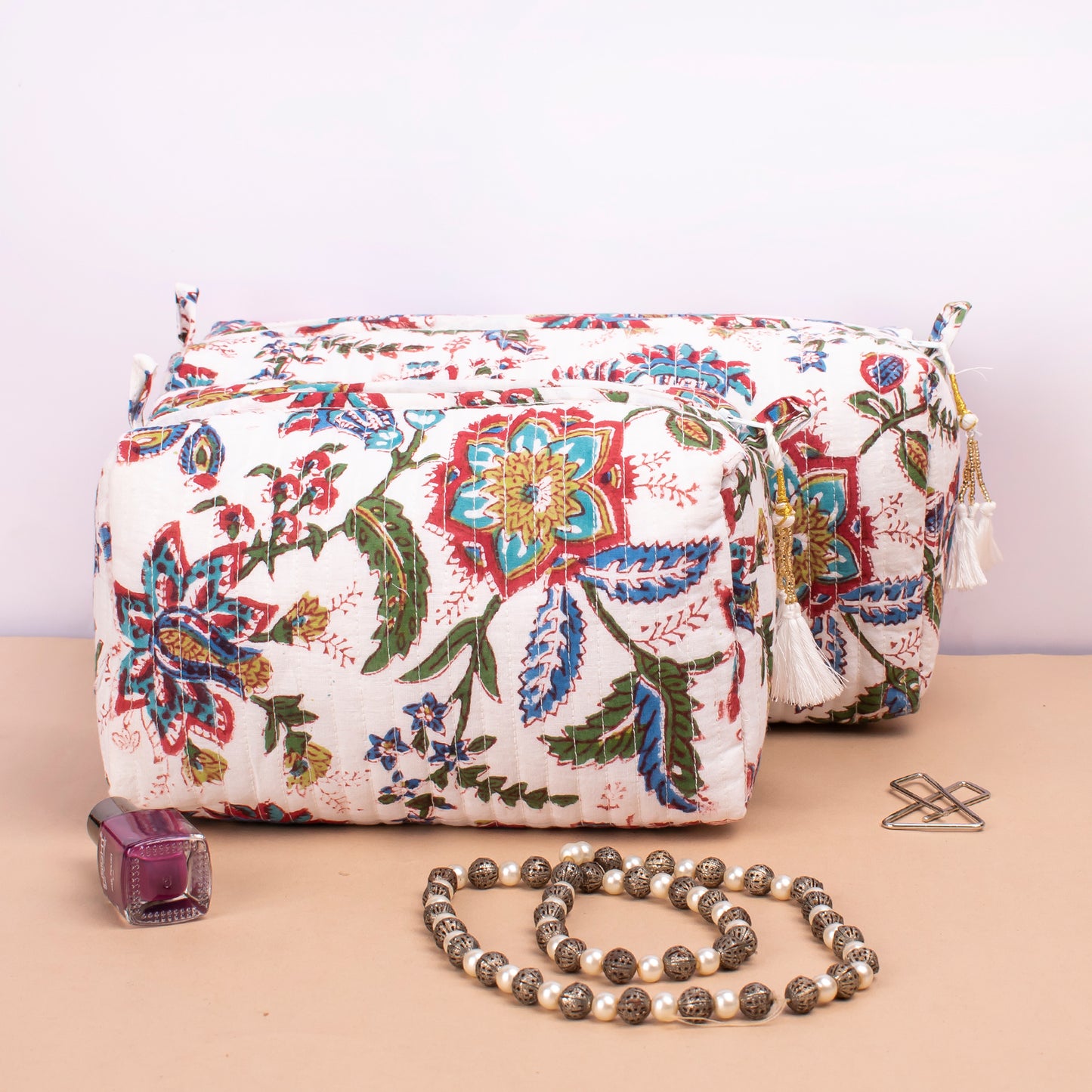 Hand Block Print Toiletry Bag, Small Wash Bag For Women, Quilted Cotton Large Makeup Bag, Cosmetic Pouch - Set of 3
