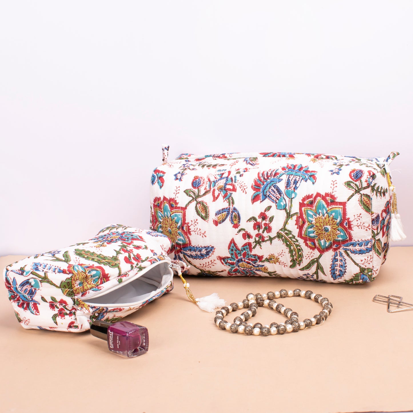 Hand Block Print Toiletry Bag, Small Wash Bag For Women, Quilted Cotton Large Makeup Bag, Cosmetic Pouch - Set of 3