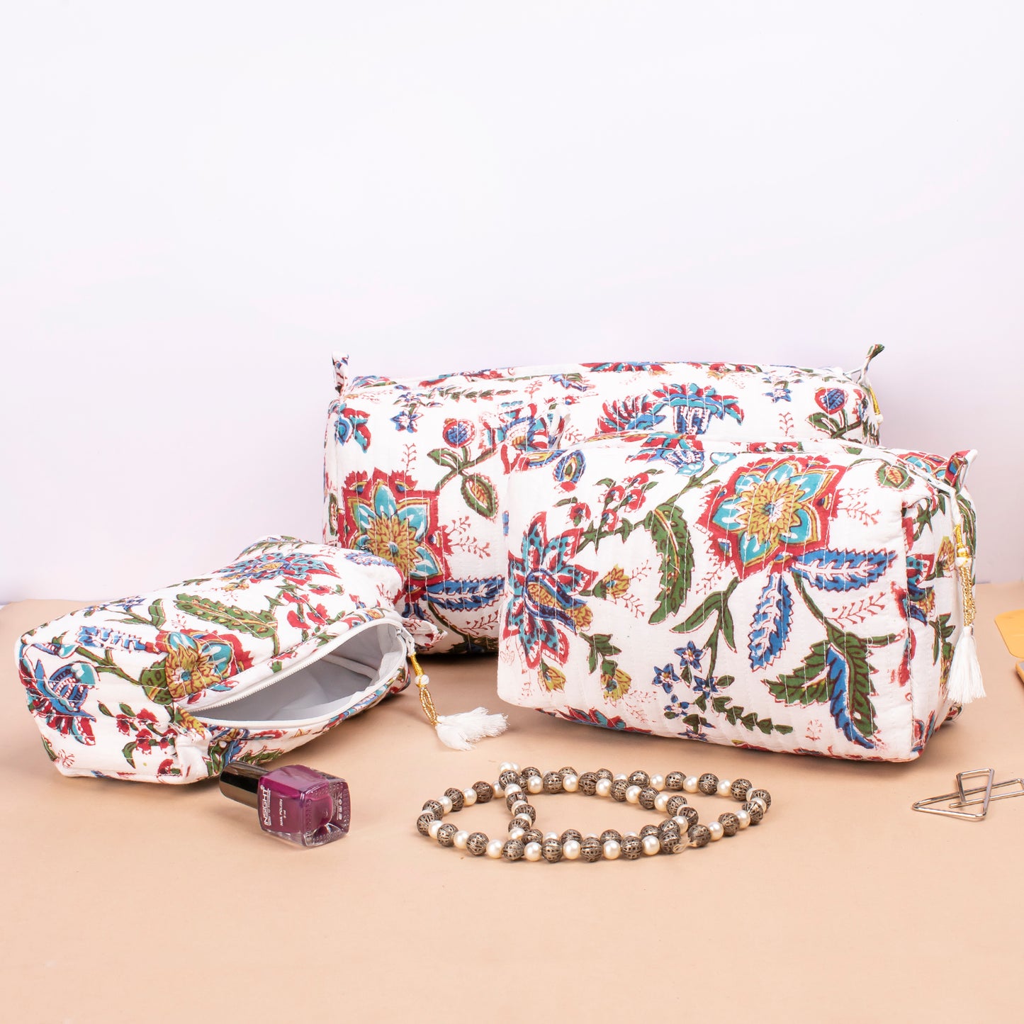 Hand Block Print Toiletry Bag, Small Wash Bag For Women, Quilted Cotton Large Makeup Bag, Cosmetic Pouch - Set of 3