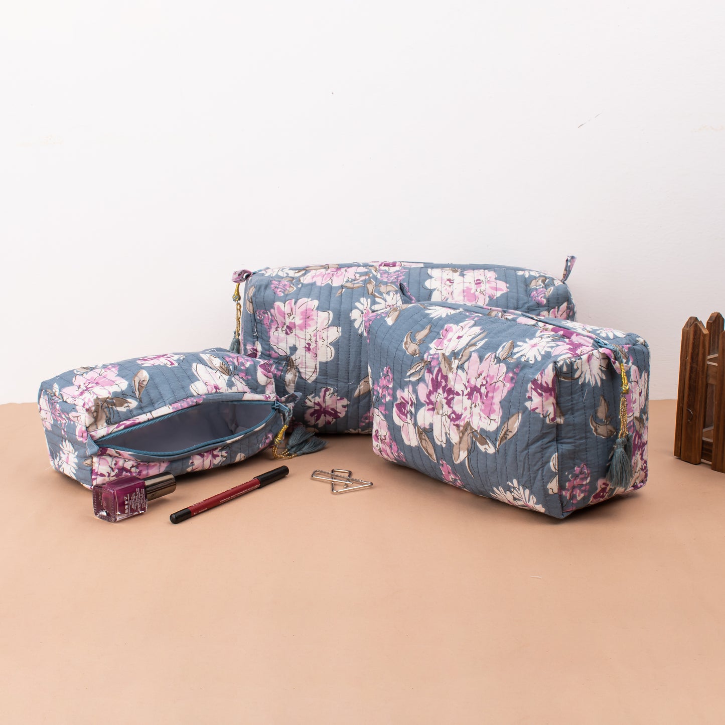 Quilted Wash Bag, Cotton Handmade Hand Block Print Toiletry Bag - Set of 3