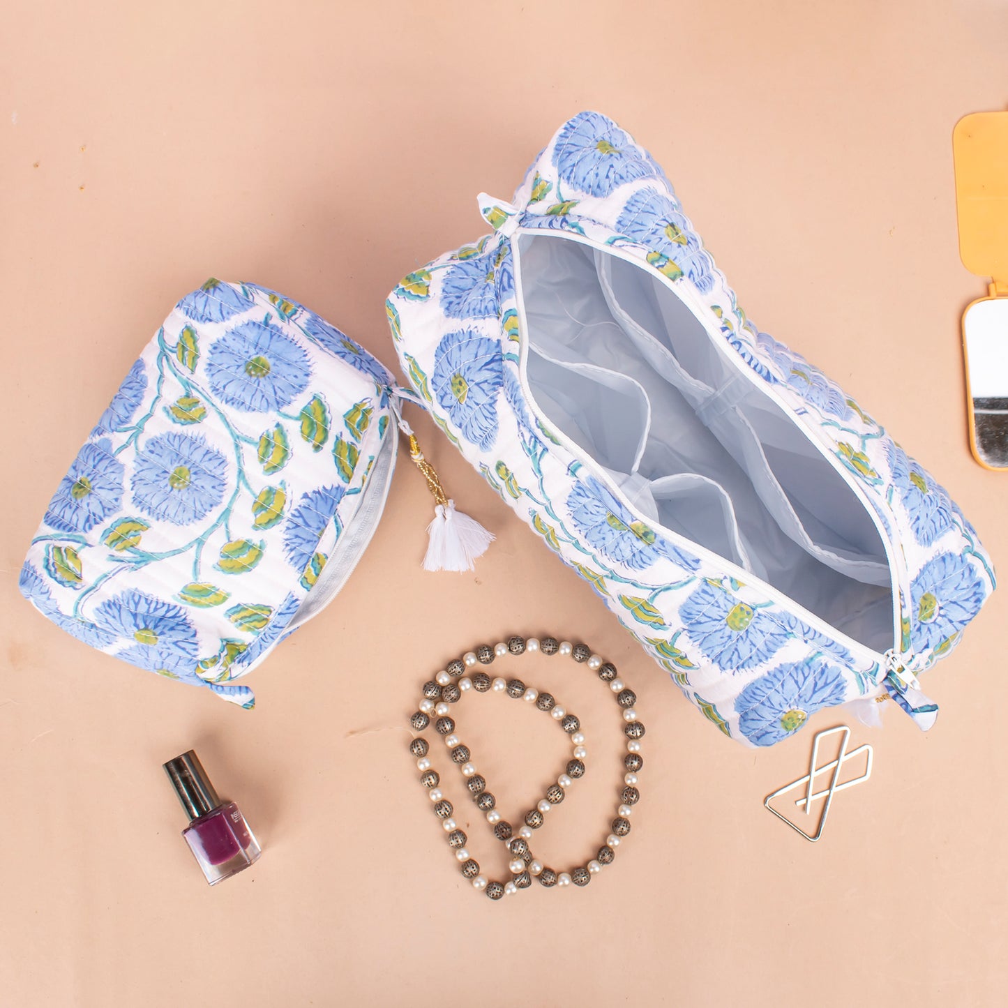 Bridesmaid Gift, Makeup Travel Bag, Handmade Cotton Toiletry Bag, Block Print Makeup Bag, Quilted Wash Bag - Set of 3