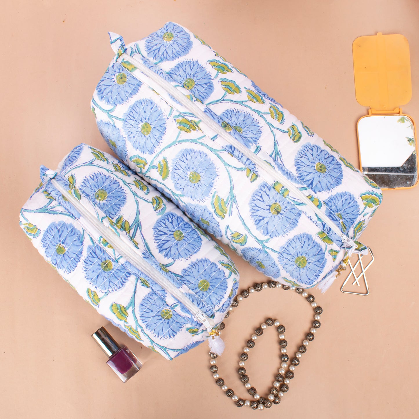Bridesmaid Gift, Makeup Travel Bag, Handmade Cotton Toiletry Bag, Block Print Makeup Bag, Quilted Wash Bag - Set of 3