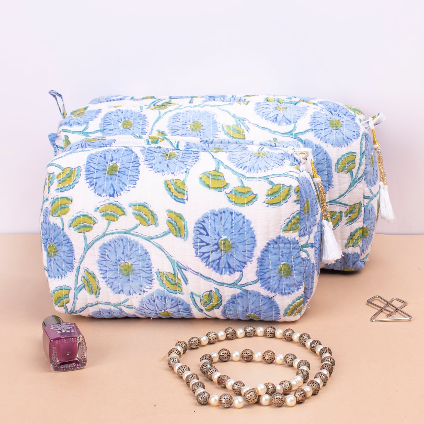 Bridesmaid Gift, Makeup Travel Bag, Handmade Cotton Toiletry Bag, Block Print Makeup Bag, Quilted Wash Bag - Set of 3