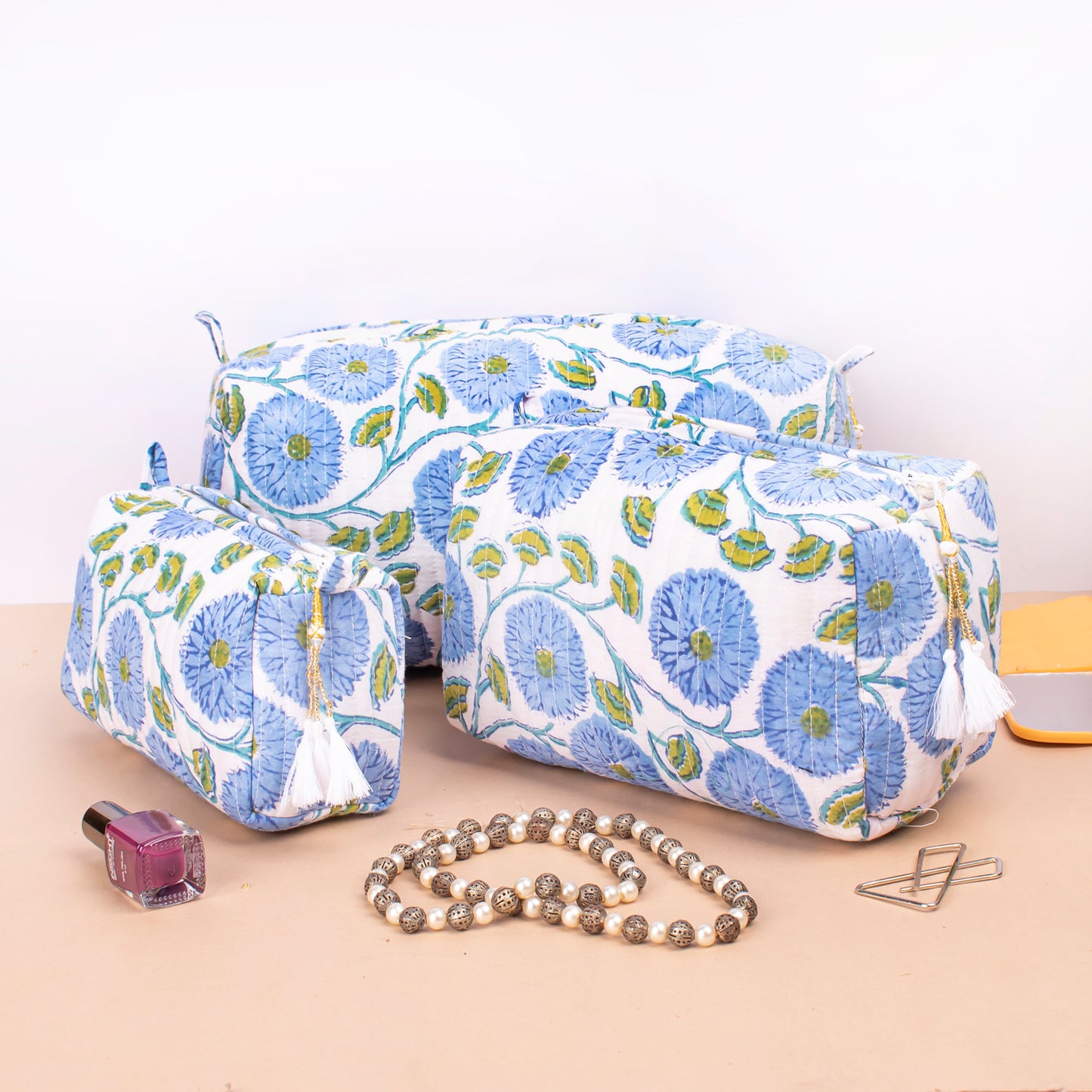 Bridesmaid Gift, Makeup Travel Bag, Handmade Cotton Toiletry Bag, Block Print Makeup Bag, Quilted Wash Bag - Set of 3