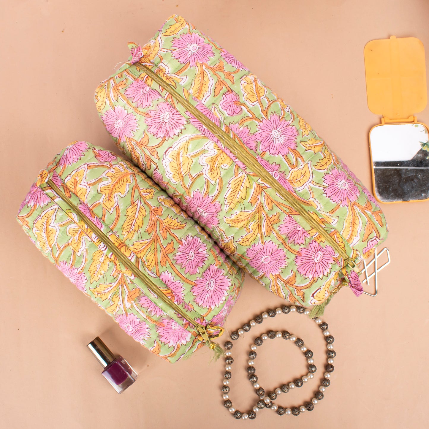 Quilted Wash Bag, Travel Bag, Quilted Cotton Large Makeup Bag, Small Makeup Bag, Vanity Bag Makeup - Set of 3