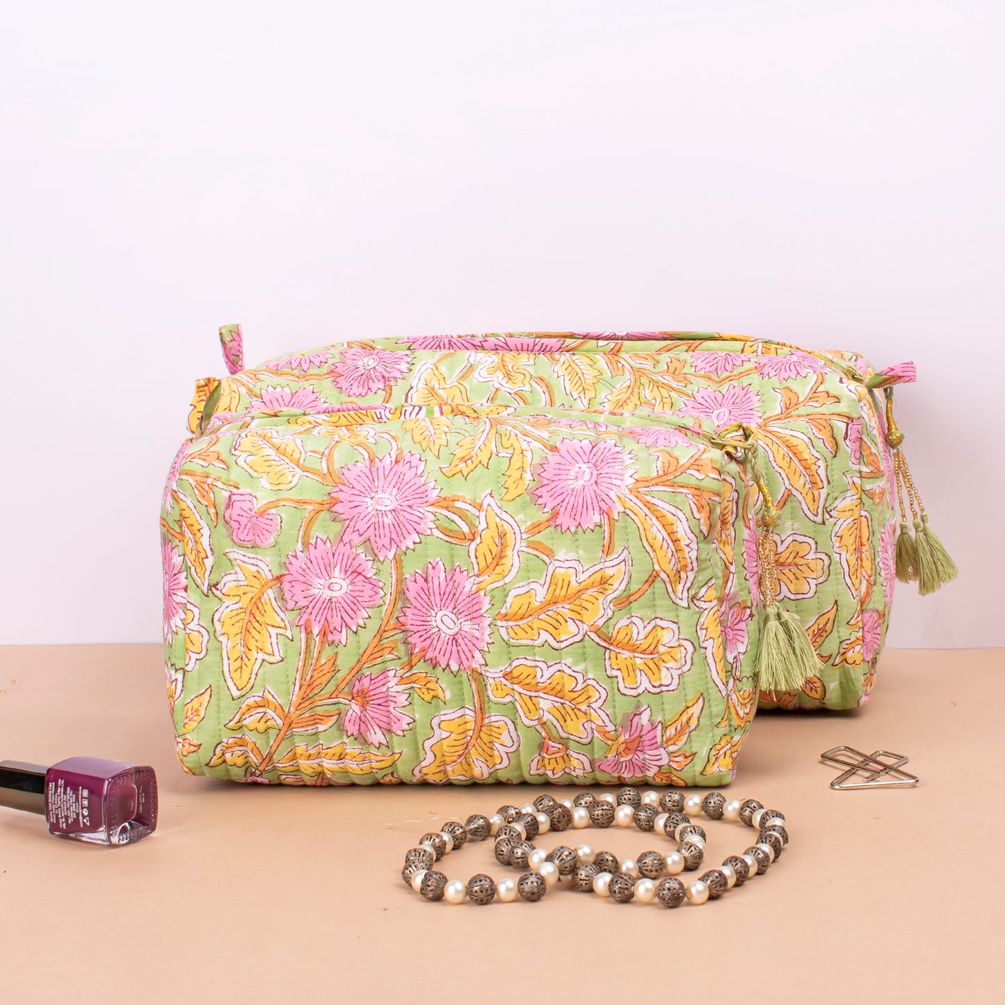 Quilted Wash Bag, Travel Bag, Quilted Cotton Large Makeup Bag, Small Makeup Bag, Vanity Bag Makeup - Set of 3