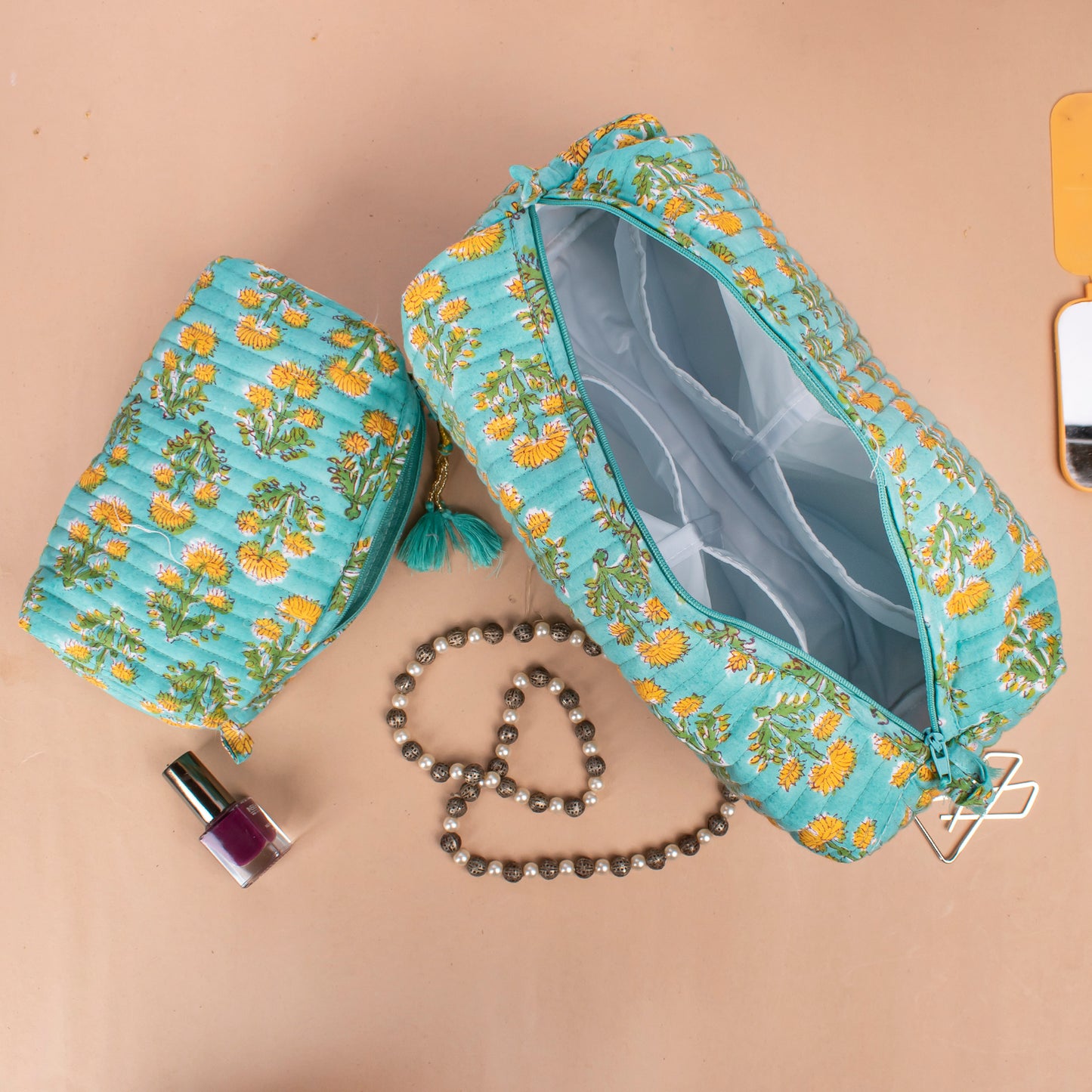 Block Print Makeup Bag, Mini Makeup Bag, Bridesmaid Gift Makeup Bag, Vanity Case, Travel Makeup Pouch - Set of 3
