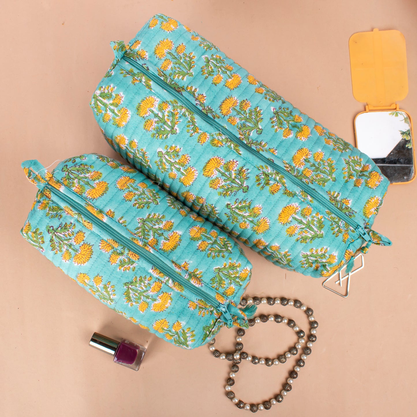 Block Print Makeup Bag, Mini Makeup Bag, Bridesmaid Gift Makeup Bag, Vanity Case, Travel Makeup Pouch - Set of 3