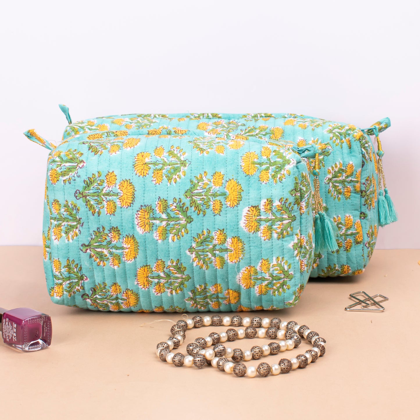 Block Print Makeup Bag, Mini Makeup Bag, Bridesmaid Gift Makeup Bag, Vanity Case, Travel Makeup Pouch - Set of 3