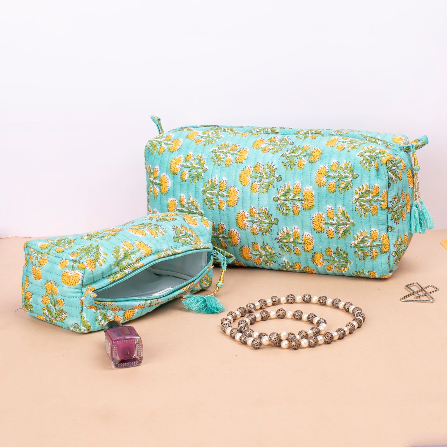 Block Print Makeup Bag, Mini Makeup Bag, Bridesmaid Gift Makeup Bag, Vanity Case, Travel Makeup Pouch - Set of 3