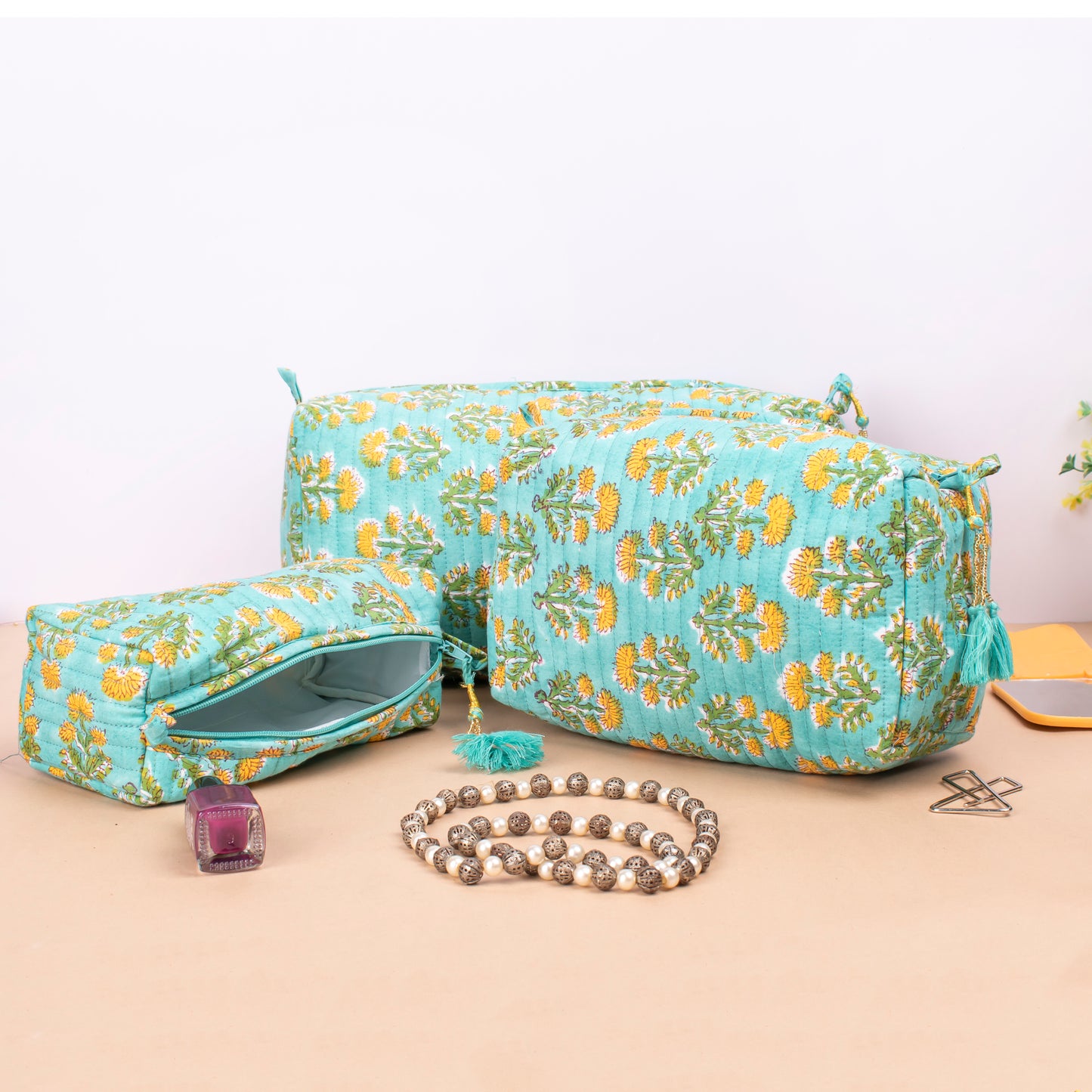 Block Print Makeup Bag, Mini Makeup Bag, Bridesmaid Gift Makeup Bag, Vanity Case, Travel Makeup Pouch - Set of 3