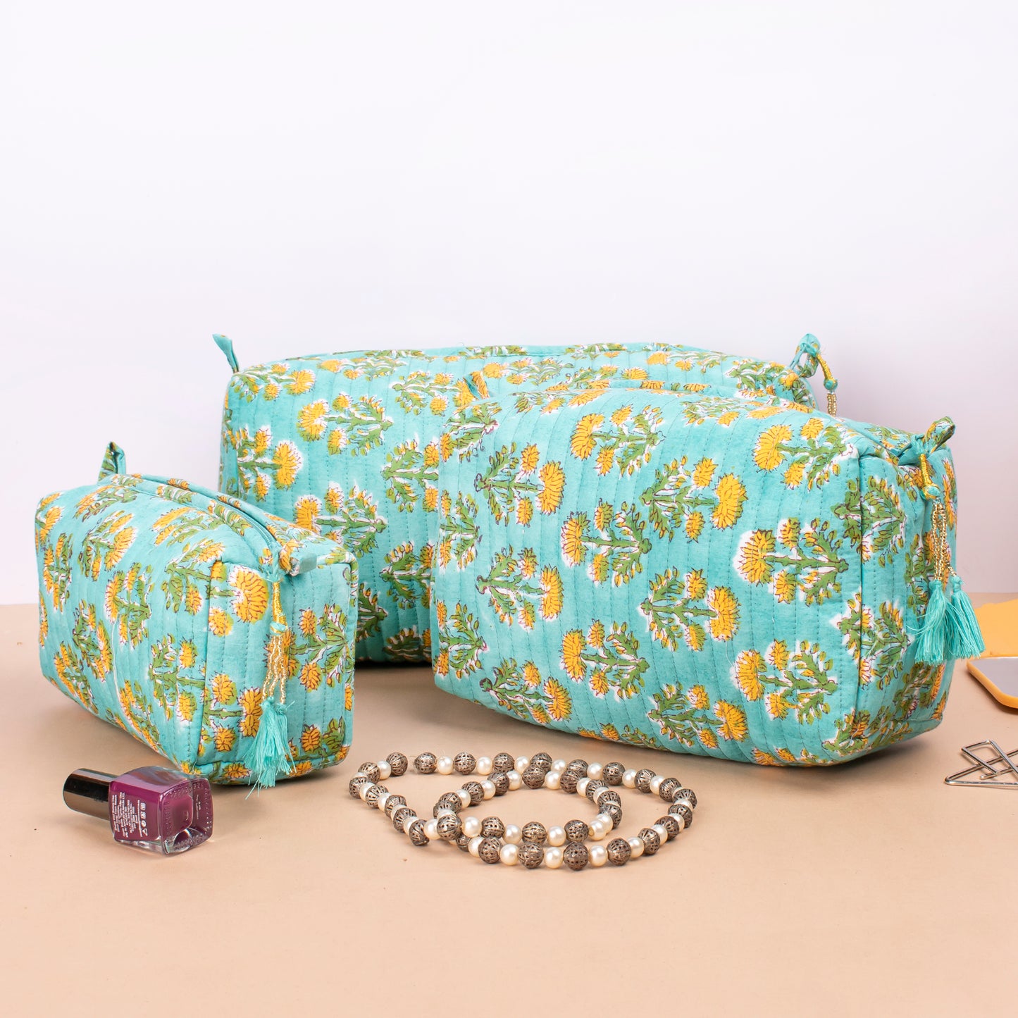 Block Print Makeup Bag, Mini Makeup Bag, Bridesmaid Gift Makeup Bag, Vanity Case, Travel Makeup Pouch - Set of 3