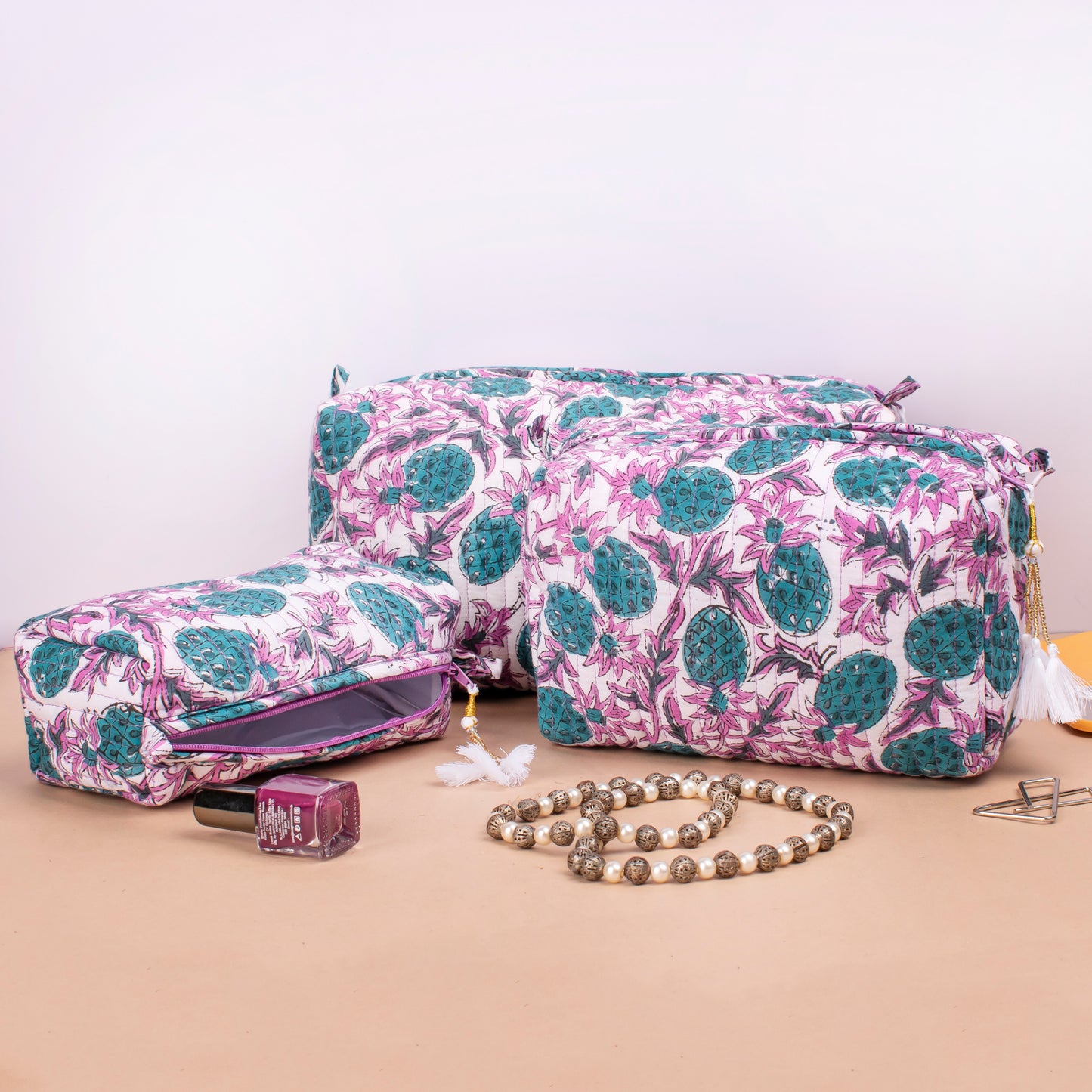 Cotton Toiletry Bag, Small Wash Bag For Women, Small Wash Bag For Women, Travel Makeup Pouch - Set of 3