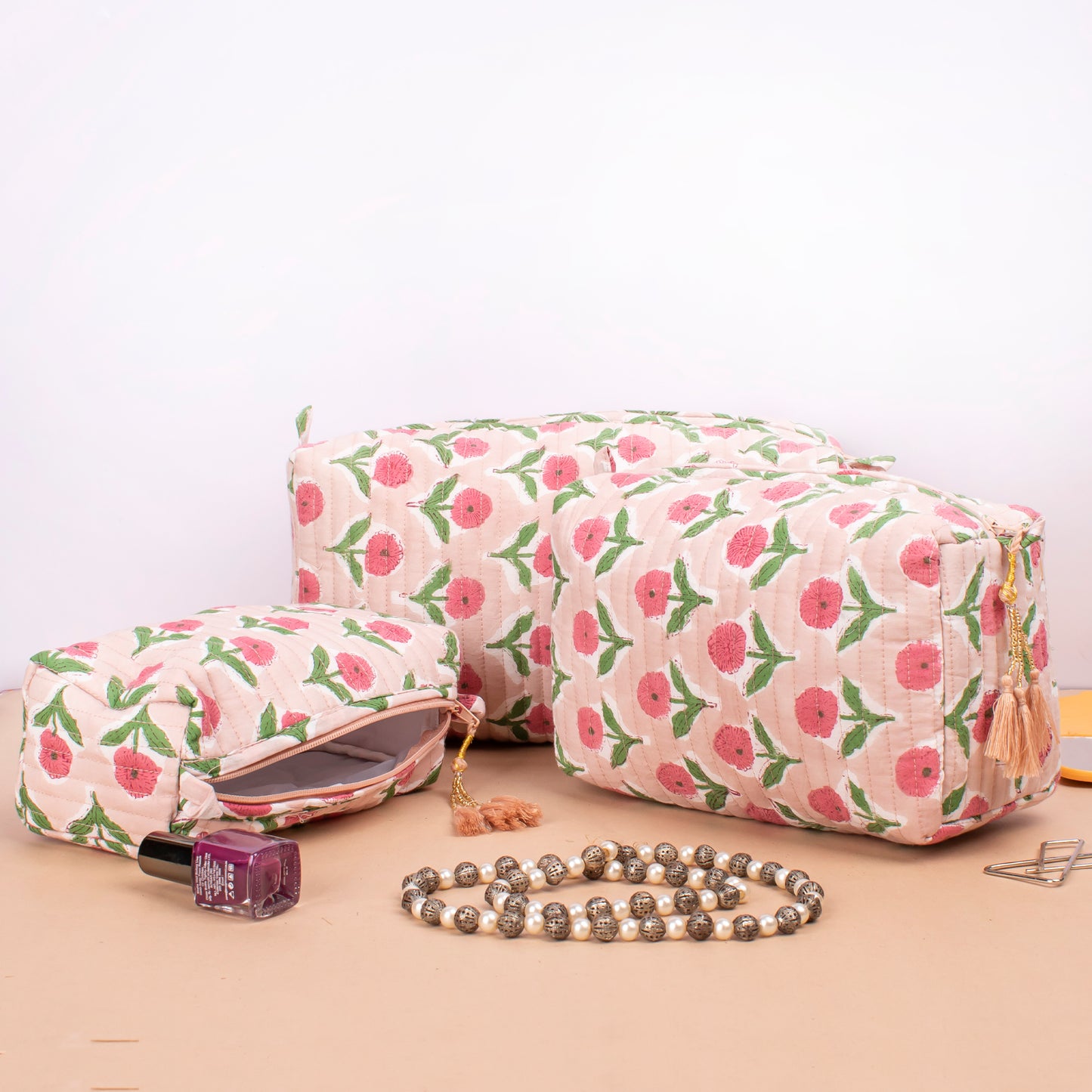 Block Printed Toiletry Bags, Toiletry Makeup Bags, Makeup Bag With Compartments, Travel Makeup Pouch - Set of 3