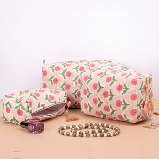 Block Printed Toiletry Bags, Toiletry Makeup Bags, Makeup Bag With Compartments, Travel Makeup Pouch - Set of 3