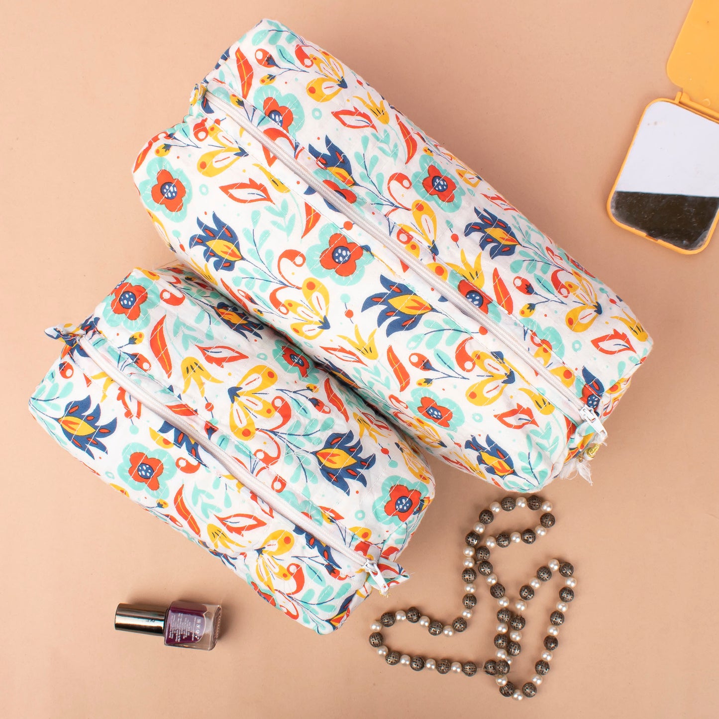 Handmade Quilted Cotton Makeup Bag, Block Print Travel Vanity Case, Zippered Toiletry Pouch For Women, Bridesmaid Gift Organizer