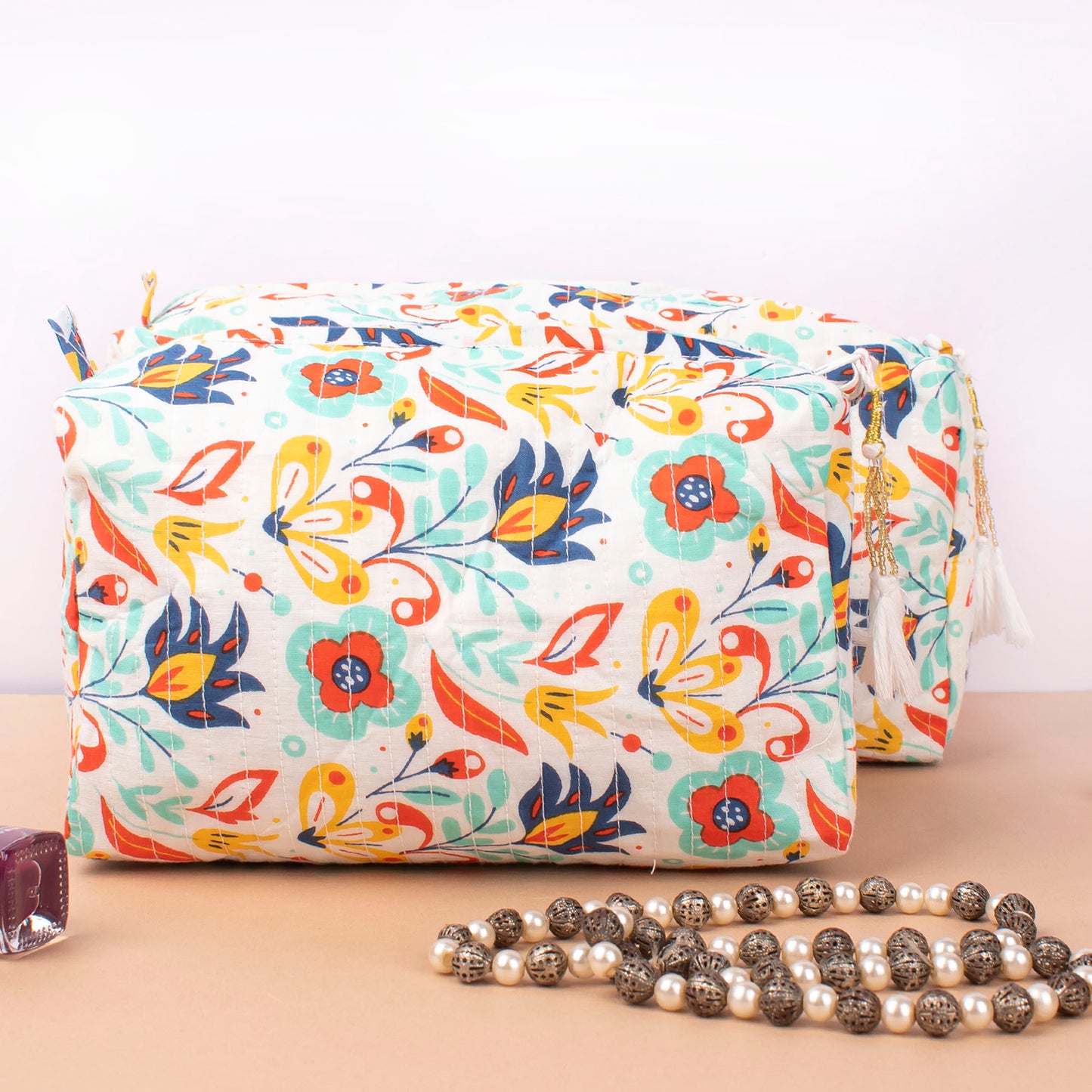 Handmade Quilted Cotton Makeup Bag, Block Print Travel Vanity Case, Zippered Toiletry Pouch For Women, Bridesmaid Gift Organizer