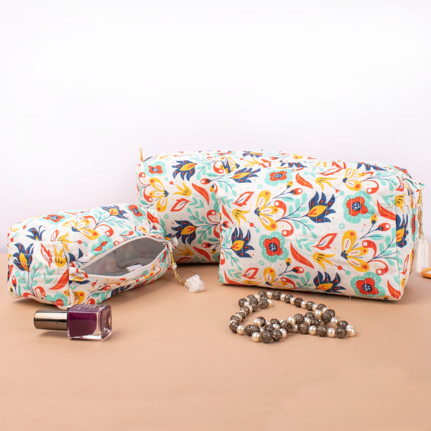 Handmade Quilted Cotton Makeup Bag, Block Print Travel Vanity Case, Zippered Toiletry Pouch For Women, Bridesmaid Gift Organizer