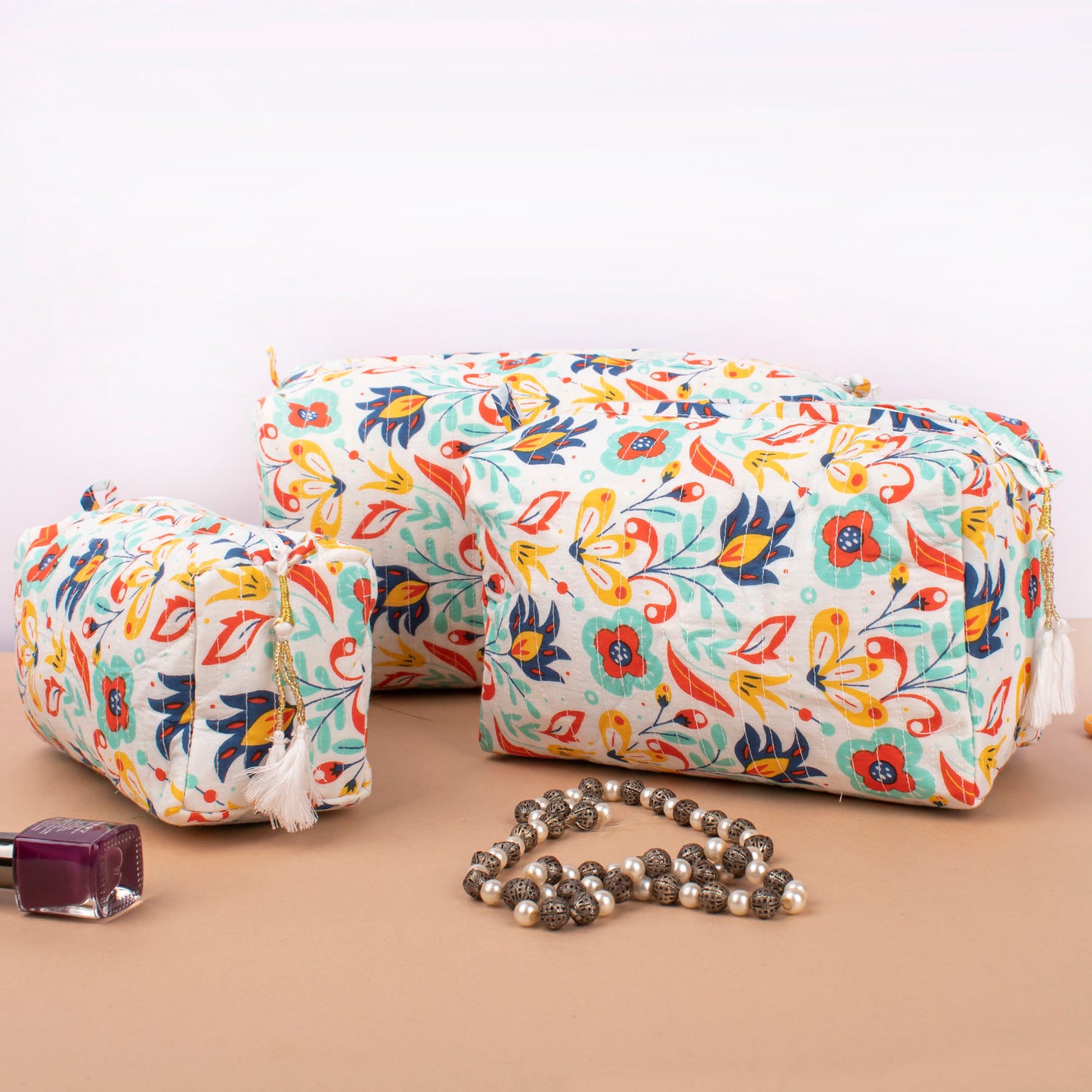 Handmade Quilted Cotton Makeup Bag, Block Print Travel Vanity Case, Zippered Toiletry Pouch For Women, Bridesmaid Gift Organizer