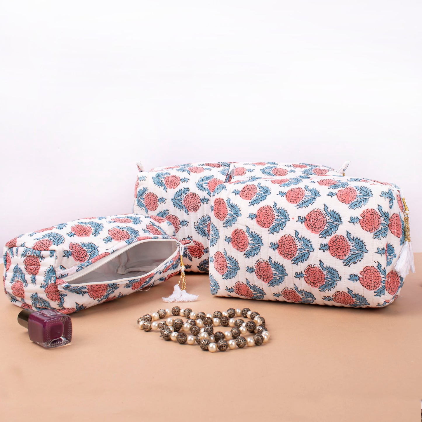 Boho Makeup Bag With Compartments, Indian Style Block Print Toiletry Pouch, Quilted Travel Cosmetic Organizer Bag Set