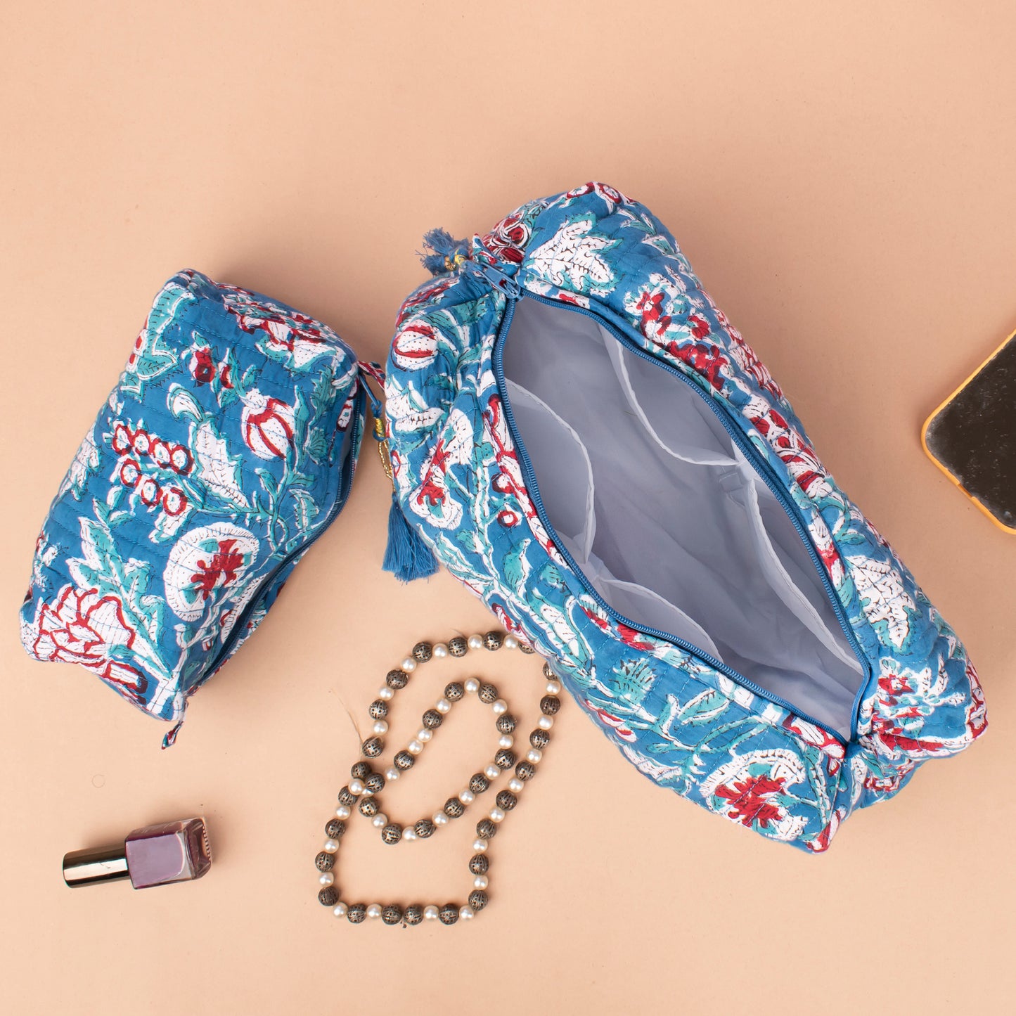 Block Print Makeup Bag Set Of 3, Quilted Cosmetic Pouches, Small Wash Bag For Women, Toiletry Organizer Travel Set With Zipper