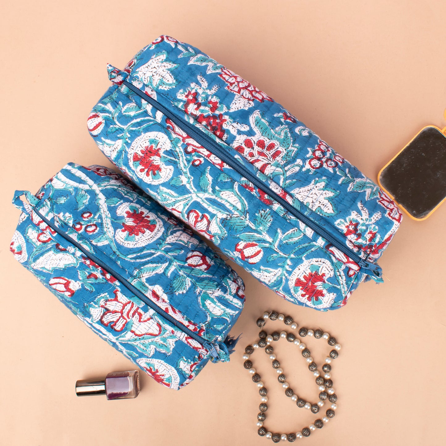 Block Print Makeup Bag Set Of 3, Quilted Cosmetic Pouches, Small Wash Bag For Women, Toiletry Organizer Travel Set With Zipper