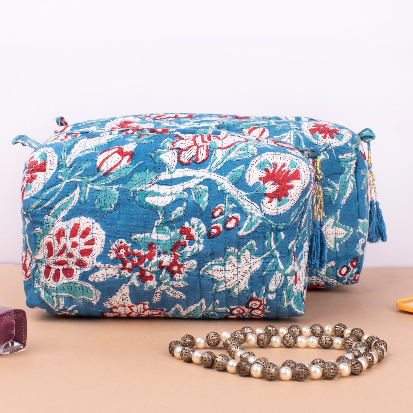 Block Print Makeup Bag Set Of 3, Quilted Cosmetic Pouches, Small Wash Bag For Women, Toiletry Organizer Travel Set With Zipper