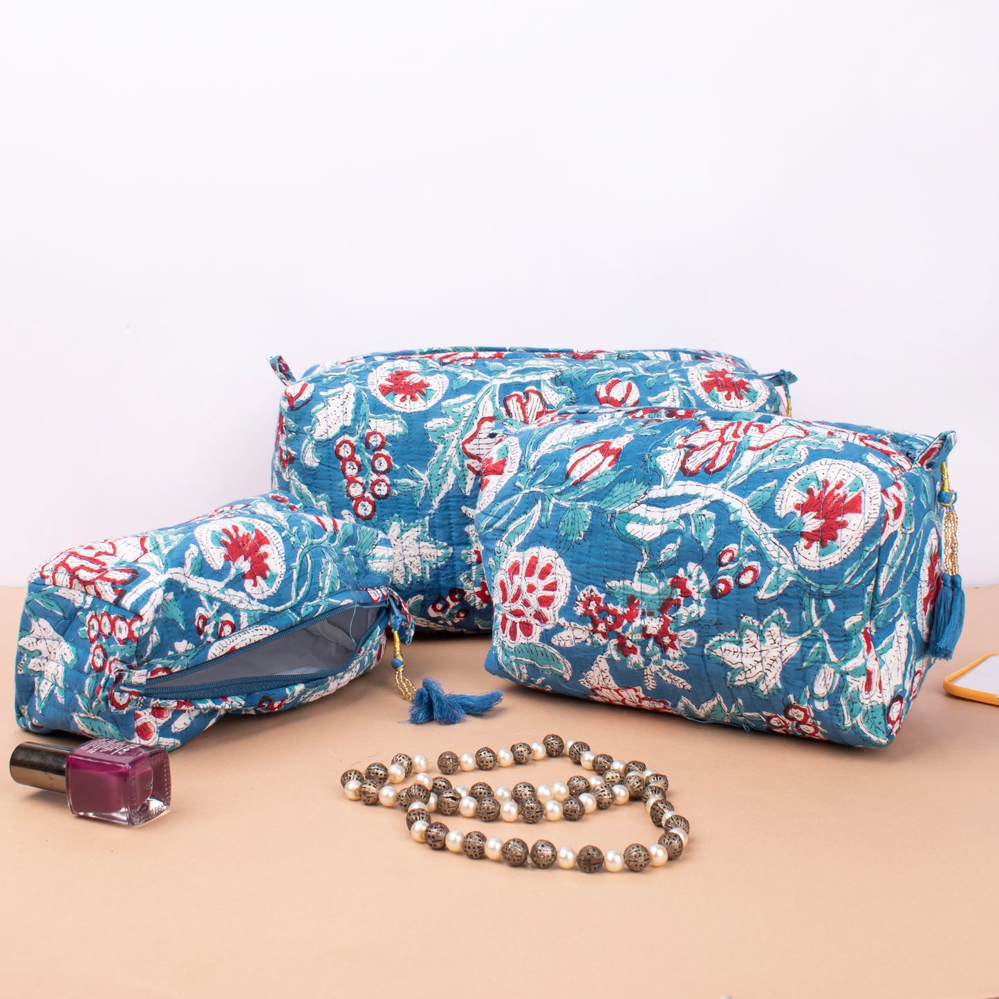 Block Print Makeup Bag Set Of 3, Quilted Cosmetic Pouches, Small Wash Bag For Women, Toiletry Organizer Travel Set With Zipper