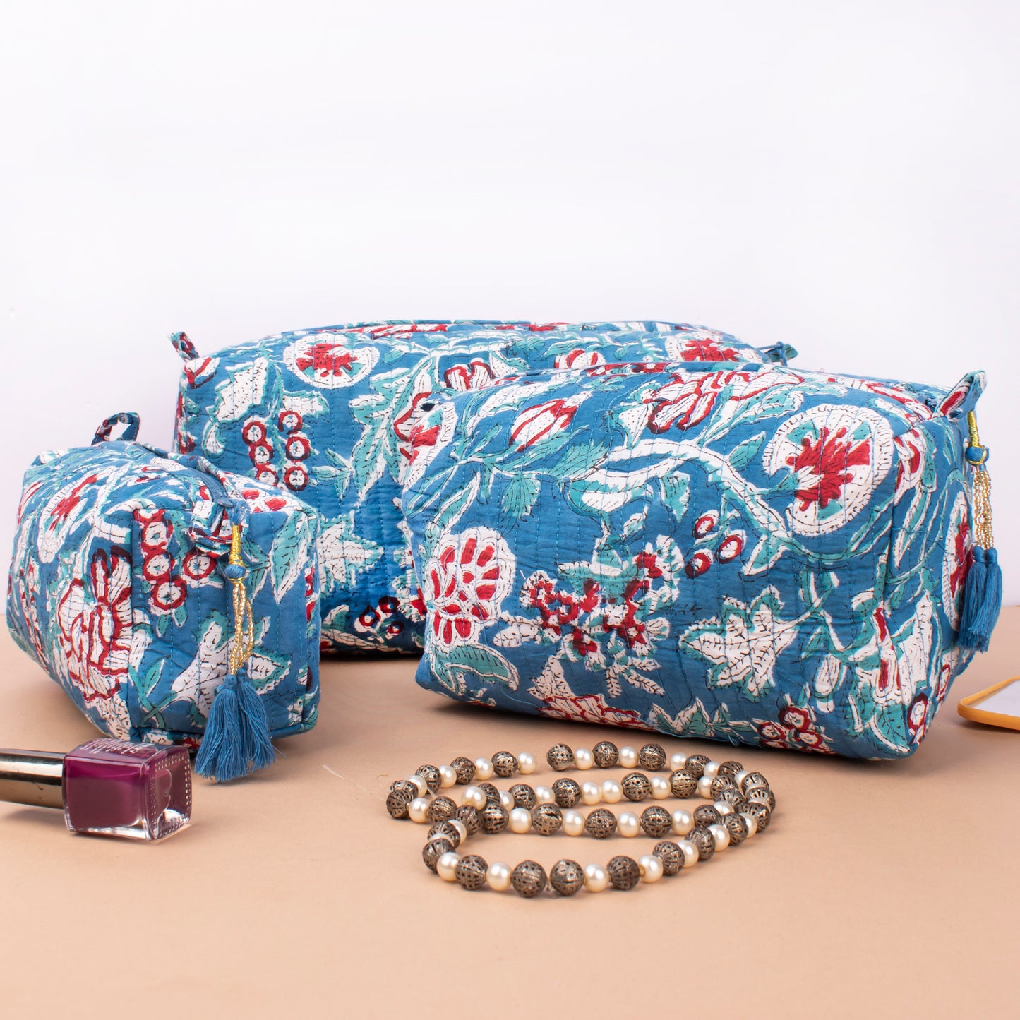 Block Print Makeup Bag Set Of 3, Quilted Cosmetic Pouches, Small Wash Bag For Women, Toiletry Organizer Travel Set With Zipper